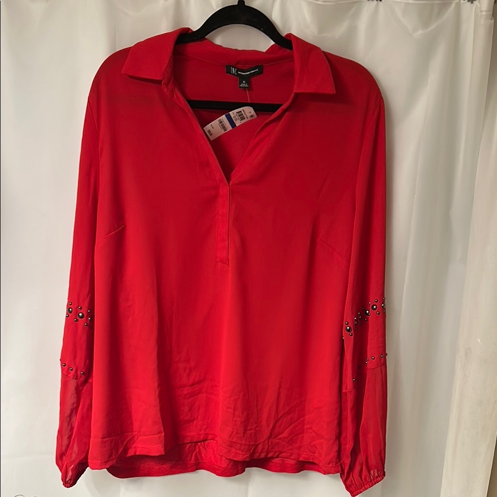 INC ‎ New International Concepts Red studded sleeve  V Neck Blouse